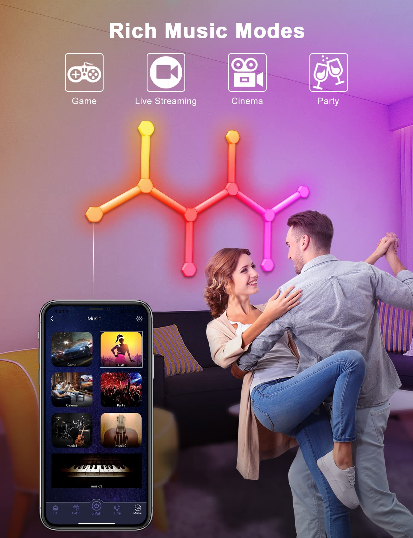 LED Hexagon Light Panels, Wi-Fi RGB Lichtpanels Wandleuchten mit DIY Deko, Musik Sync, App-Steuerung, Funktioniert mit Alexa Google Assistant für Wohnzimmer,Gaming Zimmer, 9+9 LED Panels