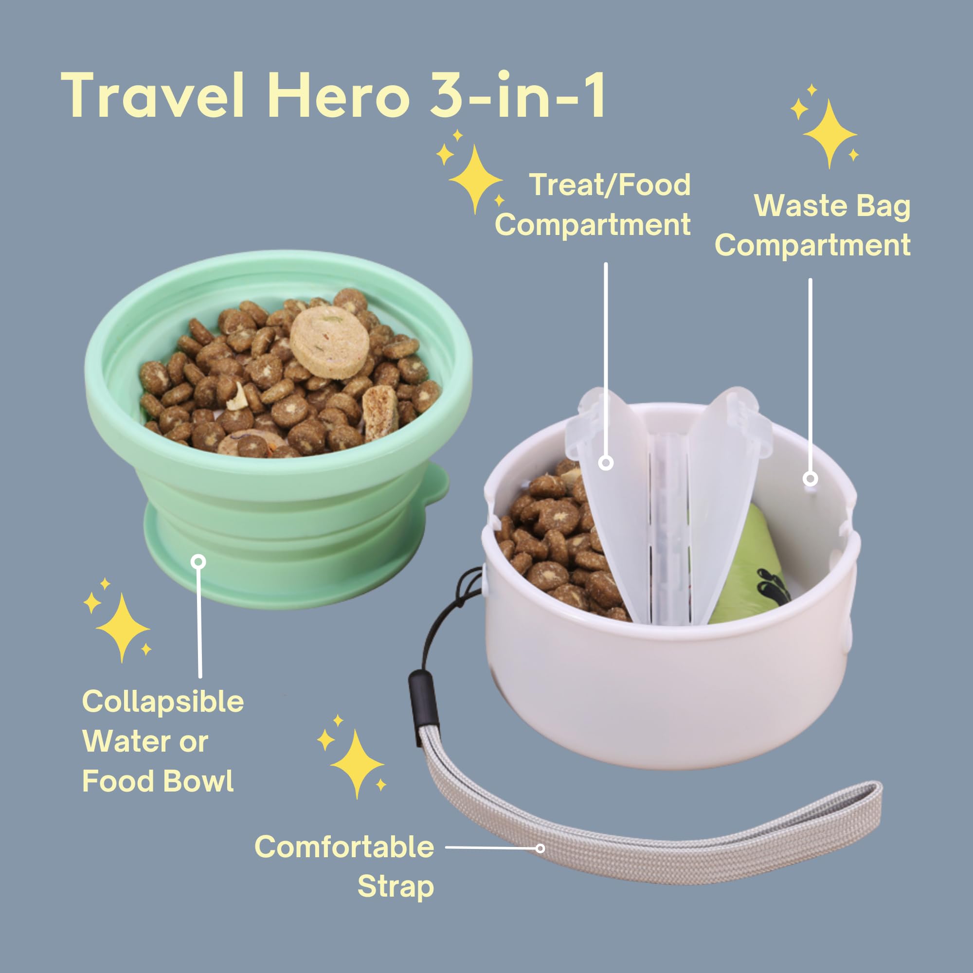 Sweet Paws Travel Hero Récipient portable 3 en 1 pour nourriture pour animaux de compagnie, bol d'eau en silicone et distributeur de sacs à déjections canines en un, rose pâle