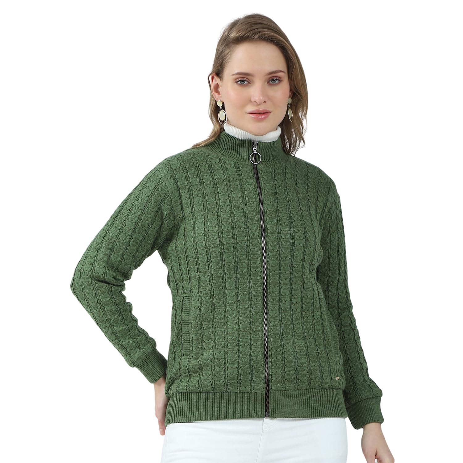 Women Regular Fit Wool Blend Jacket | Full Sleeve | Zipper Closure | Self Design | Mock Neck Winter Jacket For Womne's-image-0