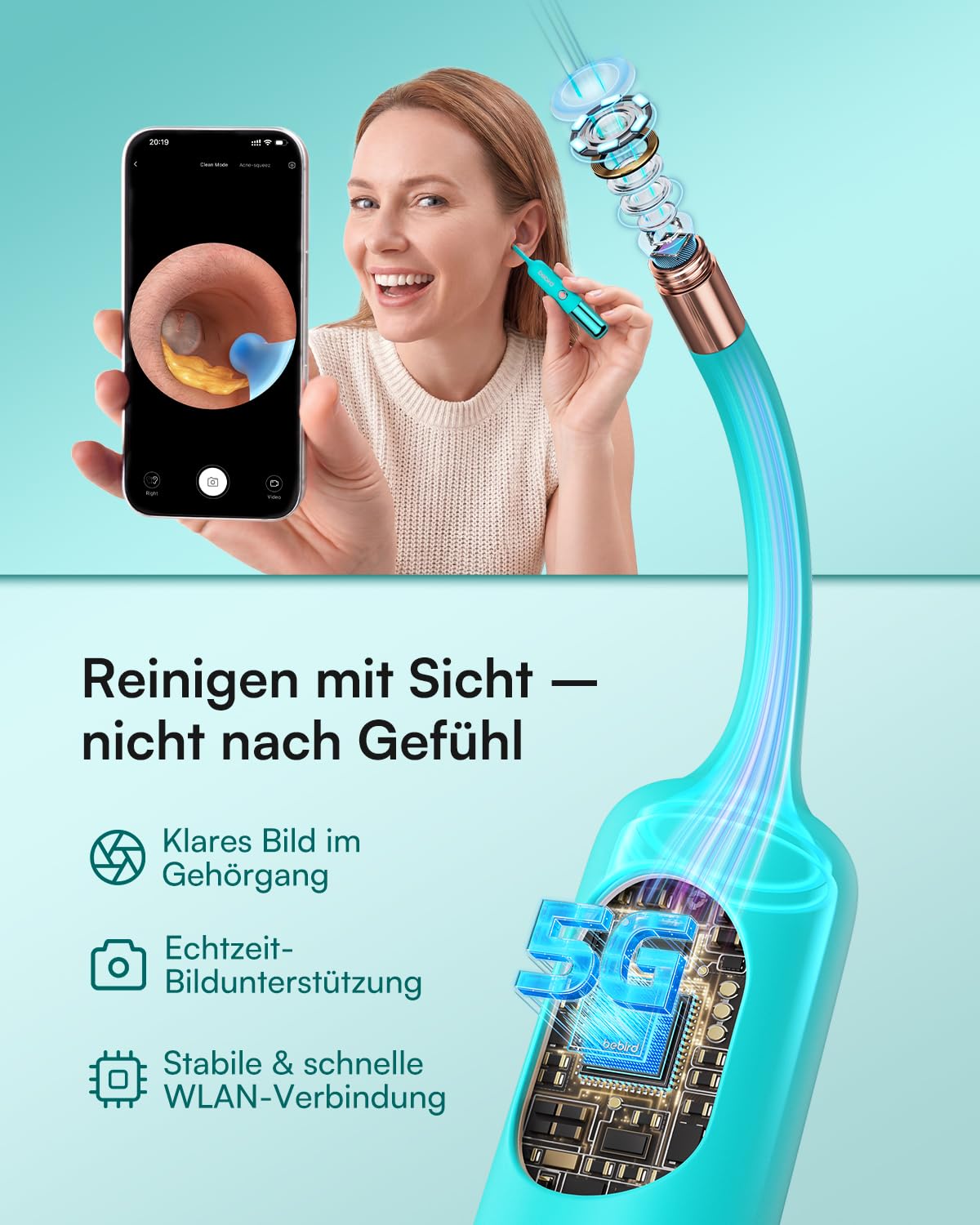 BEBIRD EarSight Ultra X 5G Ohrenreiniger & Pflegegerät mit flexibler Kamera, HD Ohrenschmalz Entferner Set mit 50+ Zubehör, zur sicheren Reinigung für Zuhause-Tiffany-Blau