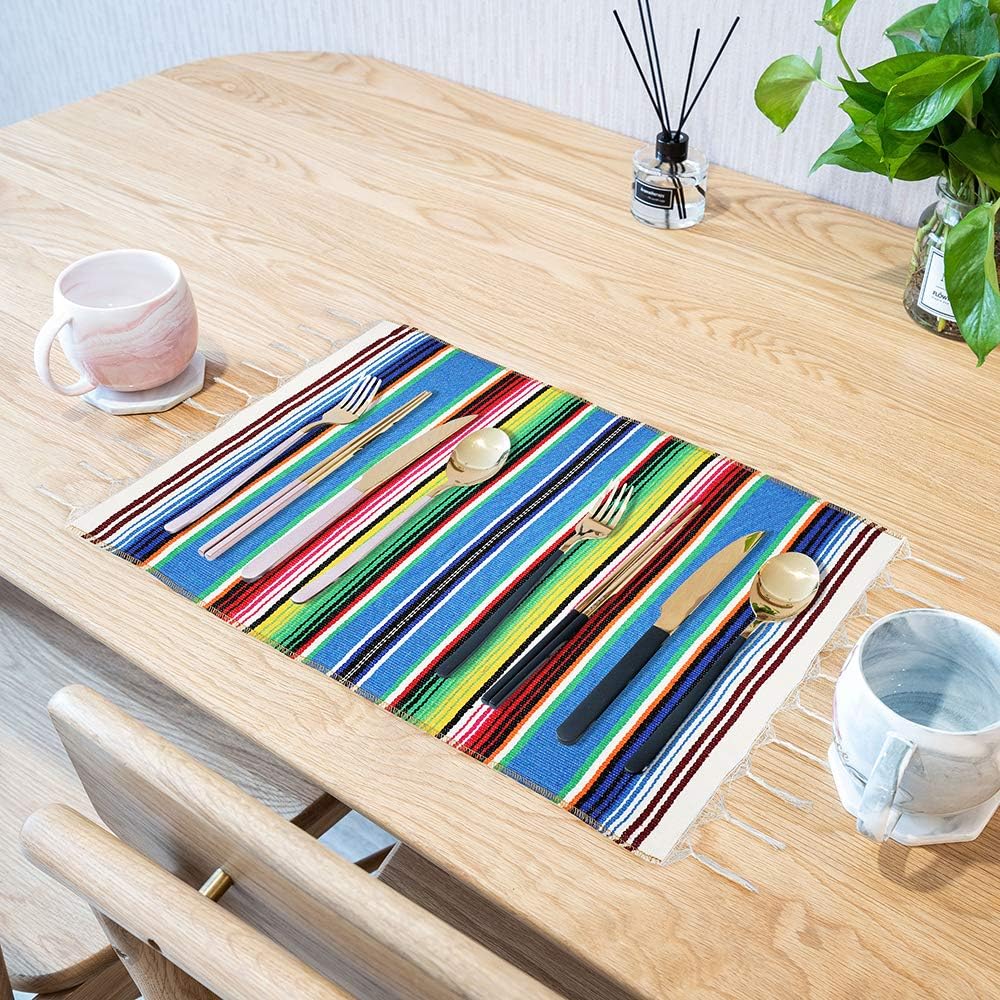 Mexican Table Runner with Place Mats(8 Pcs), Mexican Serape Assorted Place Mats Mexican Party Wedding Decorations, Fringe Serape Blanket Table Runner 14 x 84 inch (Blue Table Runner + 8 placemats)