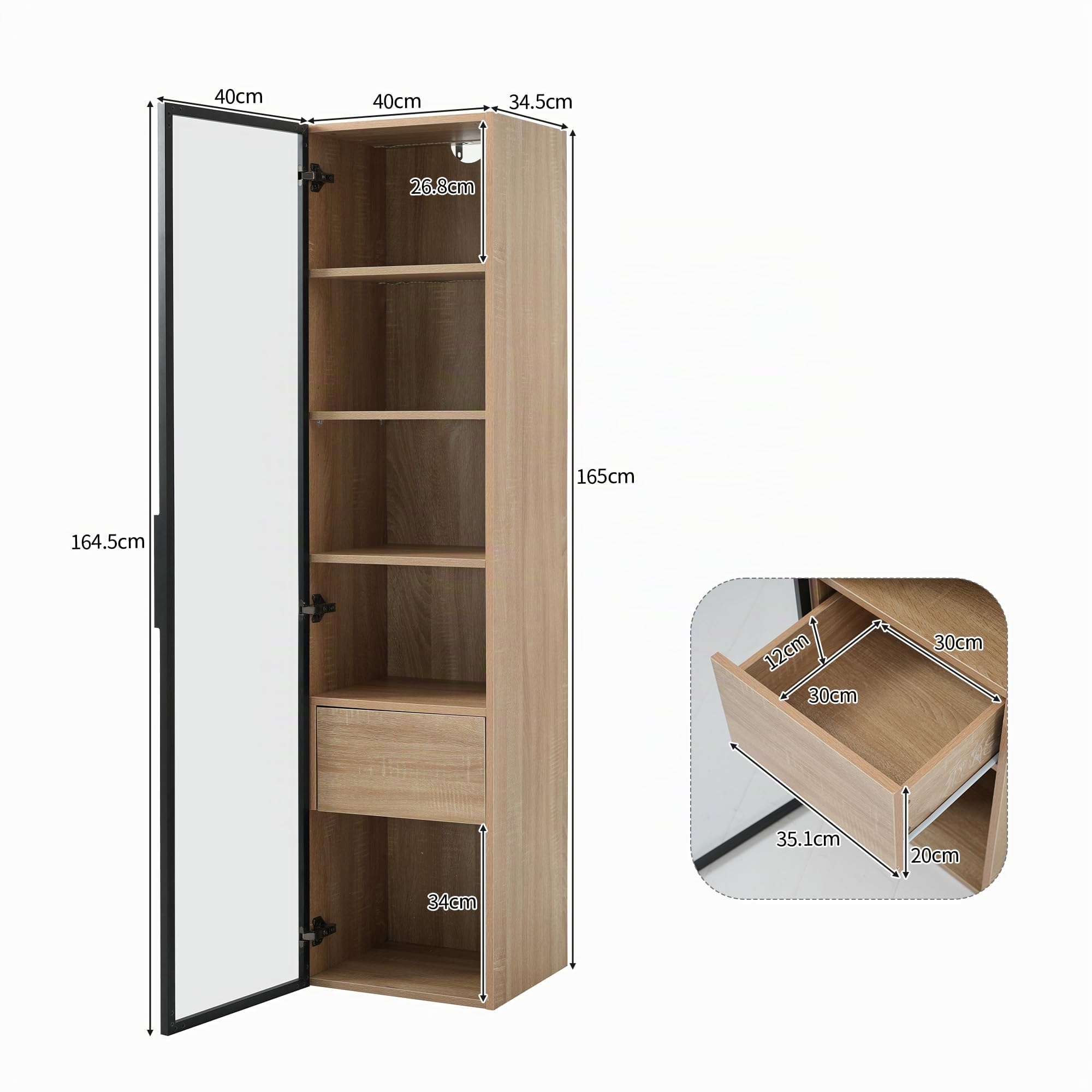 Mueble de baño mediano con barra de luz, 40 cm de ancho, con 1 cajón grande y 1 puerta de cristal