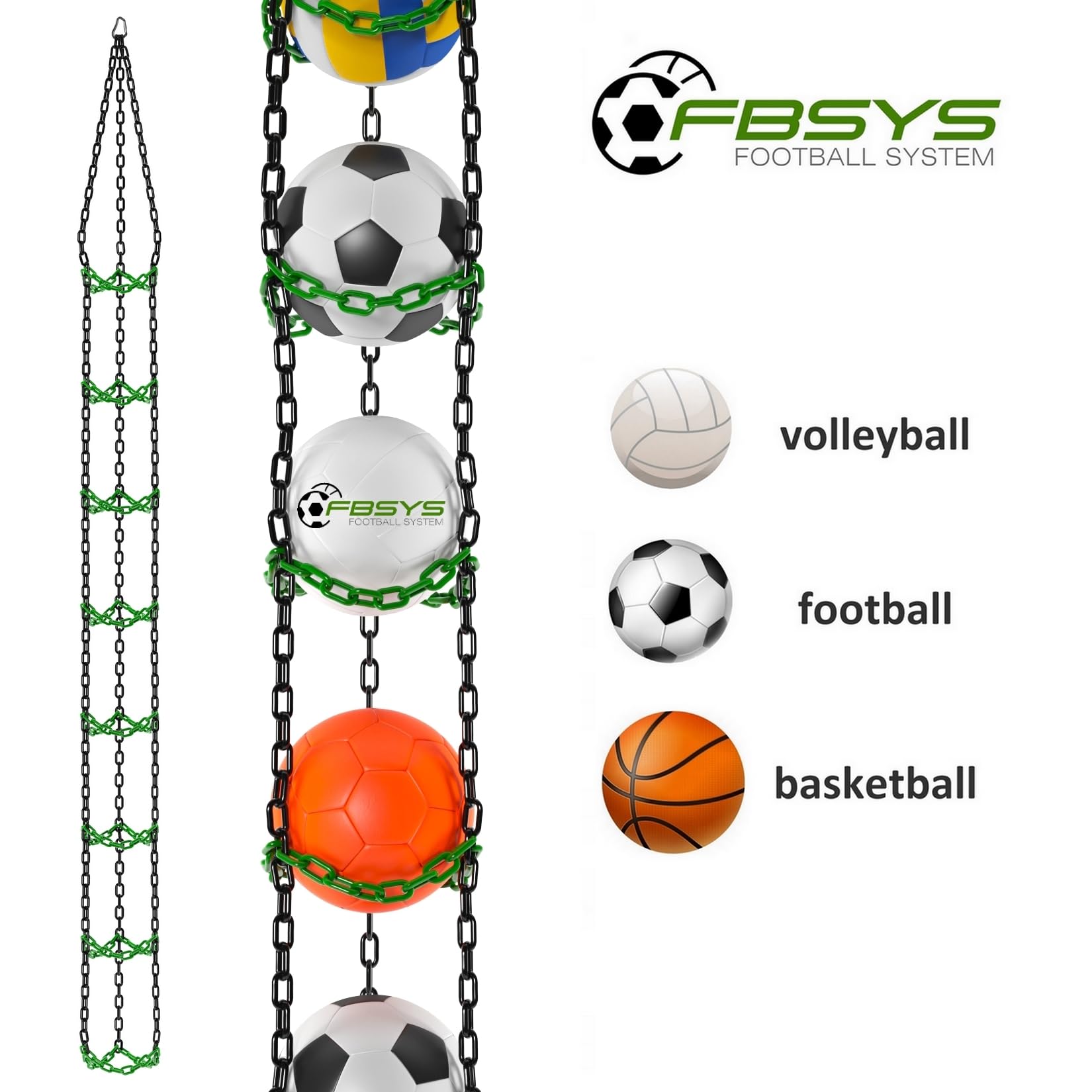 Ballhalter - Haken für 8 Bälle (Basketball, Fussball, Volleyball) - Organizer Ballnetz - Schwarz & Grün