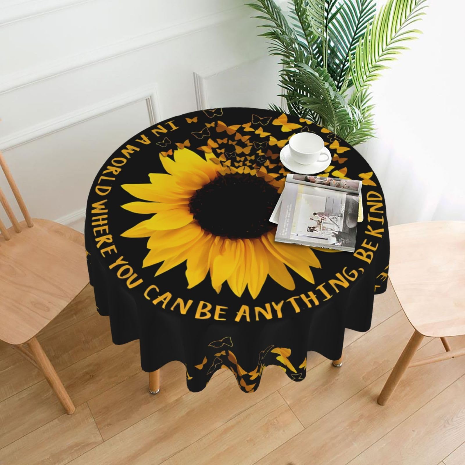 YYHHAOFA Sunflower on Black Background Prints 60in Round Decorative Tablecloth – High-Grade Polyester Throw Cover for Dining, Parties, and Outdoor Events
