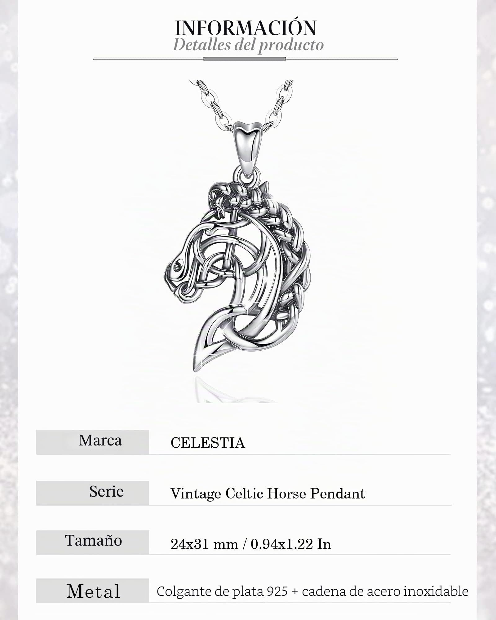 CELESTIA Collar Caballo Mujer Plata de Ley 925 Colgantes con Cadena Acero Inoxidable 50 CM, Joyas Animales, Regalos para Amantes Caballos