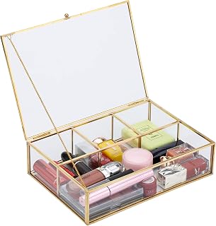VTYHYJ Gold Glass Box Jewelry Trinket Display Case Lidded Decorative Box With 4 Compartments Organizer for Makeup Pads, Keepsake, Earrings, Necklaces, Home Decor