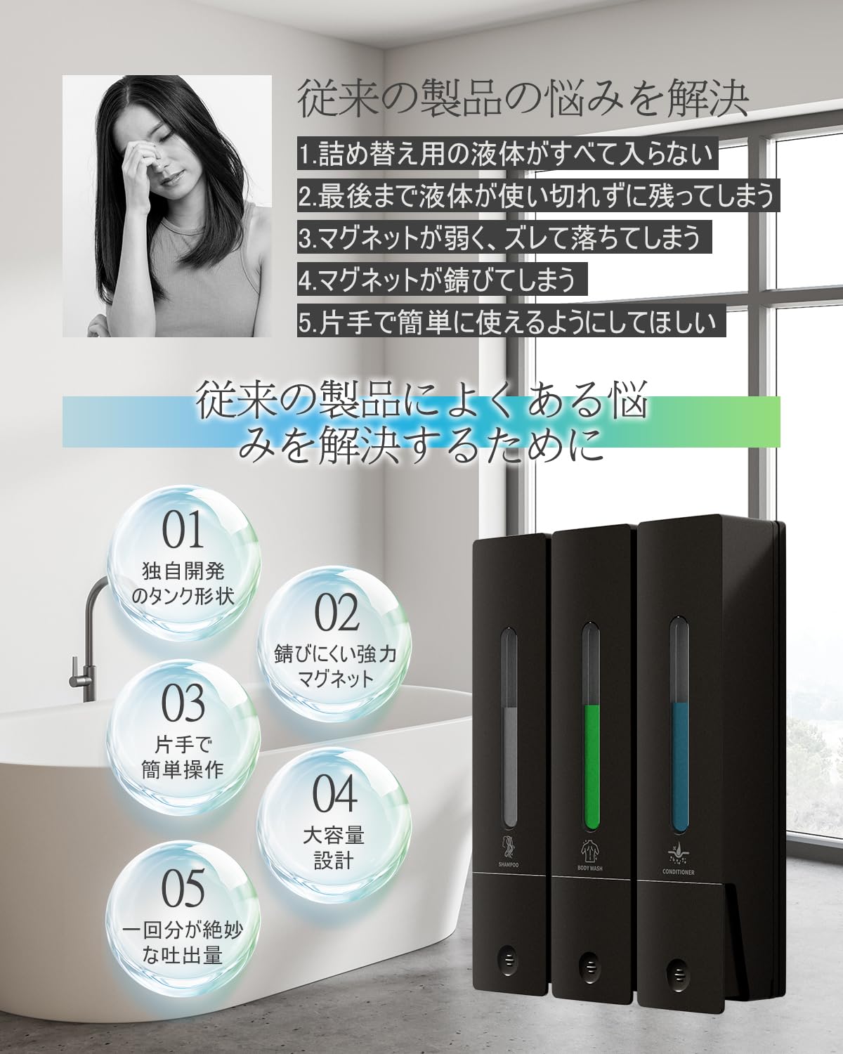 シャンプーボトル 3室 壁掛けタイプ 各400ML シャンプー・コンディショナー Amazon｜シャンプーボトル 3室｜壁掛けタイプ 各400ML