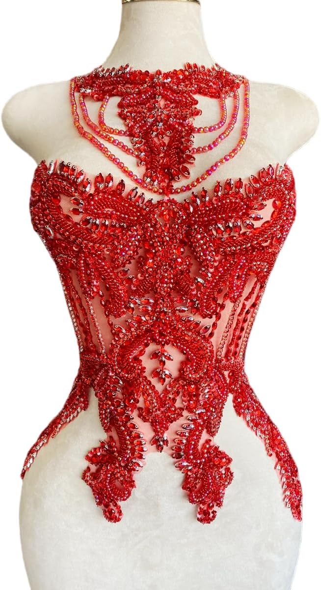 Handmade Crystal on lace Applique Sewing Rhinestones Fringe Beads Sequins Patches Trim Luxury Decoration Accessories for Wedding Dress 15X23.6inches (Red)