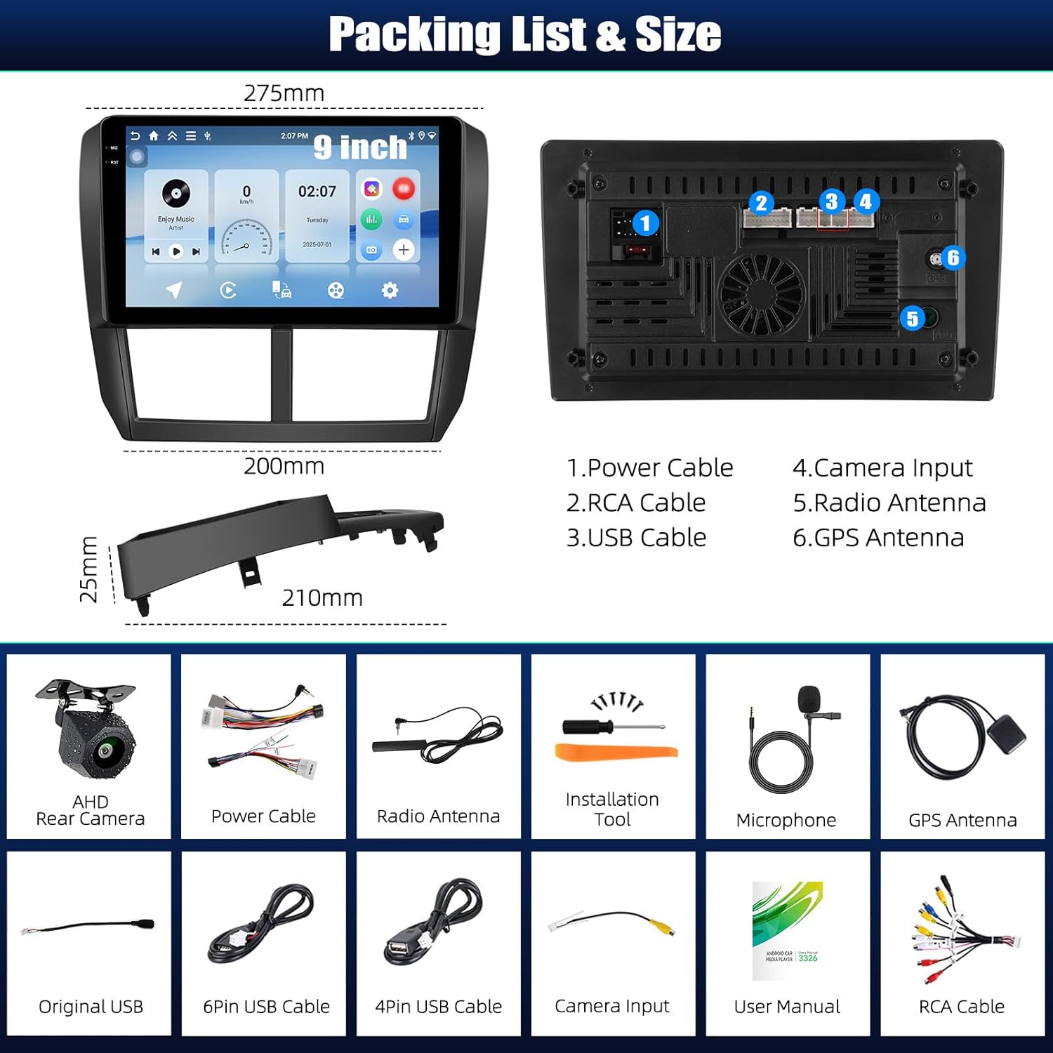 Diagram showing the Zomolither car stereo dimensions and a list of included accessories.
