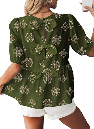 BLENCOT Womens Babydoll Peplum Tops Boho Puff Short Sleeve Bowknot Back Shirts Cute Summer Blouses