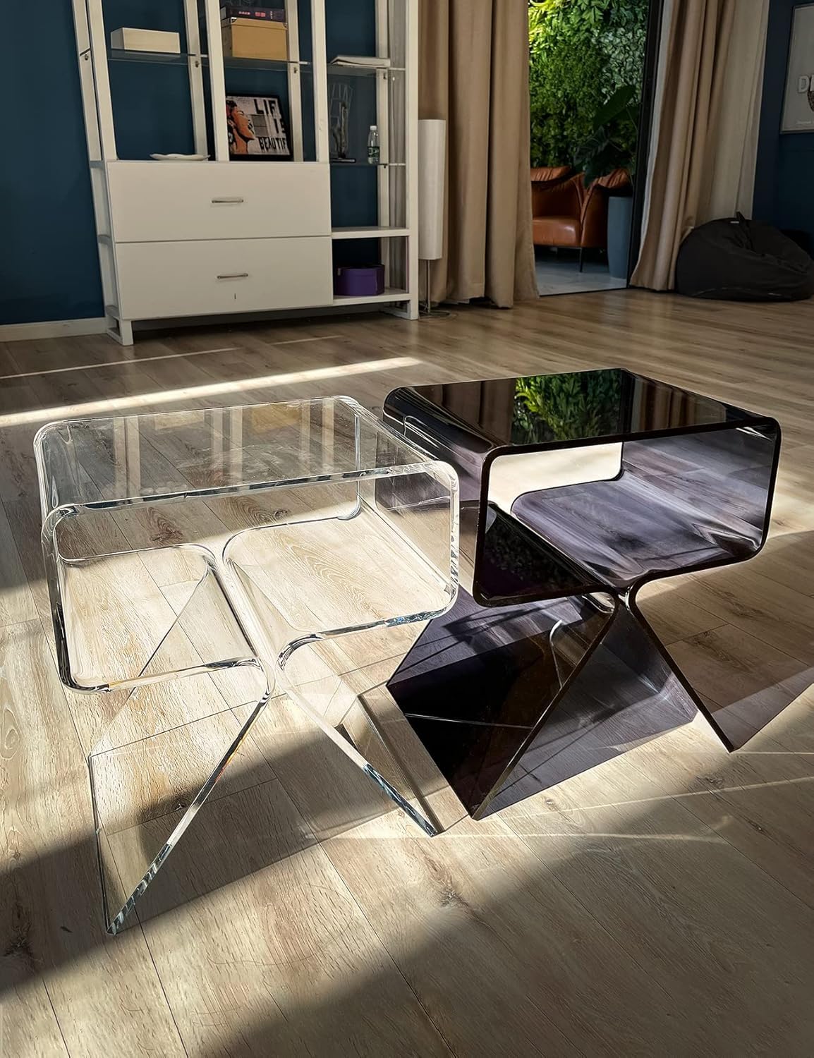Mesa Auxiliar de Acrílico, Mesita de Noche, pequeña Transparente para Sala de Estar, Dormitorio (Claro)