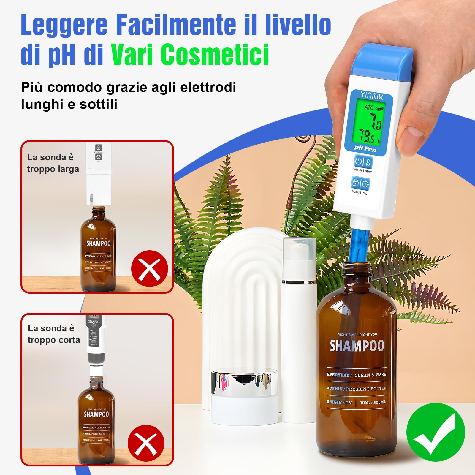 YINMIK Misuratore di pH Digitale da Laboratorio con Sonda pH da 11,7 cm | con ATC, Per Alimenti, Per Bottiglie a Collo Stretto, Kit di Test, Preparazione Kombucha