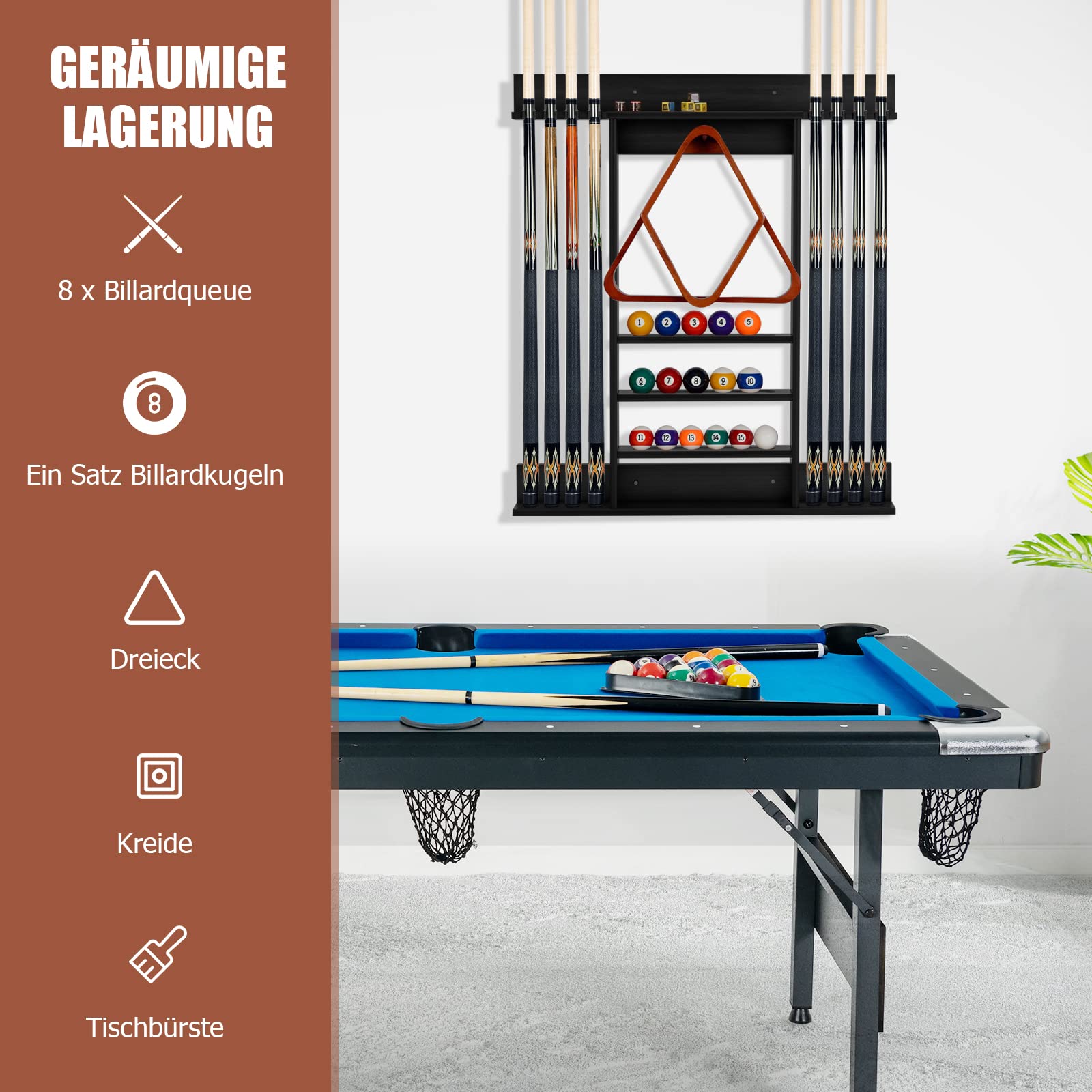 GYMAX Billard Queue Halter für 8 Queues & Billardzubehör, Wandmontierter Queueständer, Billard Queue Halterung aus Kiefernholz, für Billardzimmer & Club, 79 x 8 x 91 cm (Schwarz)