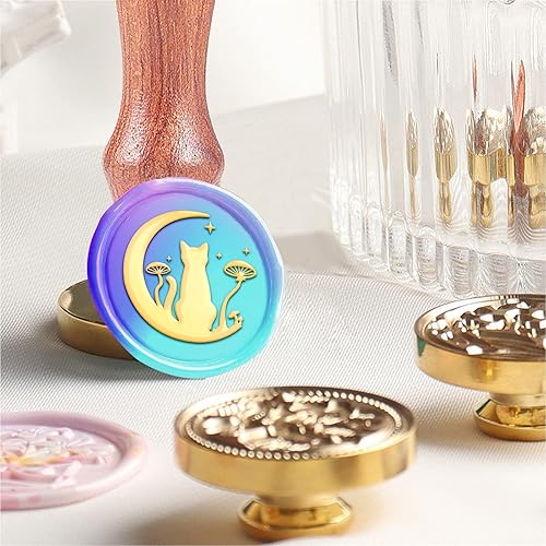 Miniatura 6 de MAYJOYDIY Sello de cera para gato, sello de cera de hongos y luna, 1.181 in, cabeza de sello de latón extraíble, mango de madera, perfecto para
