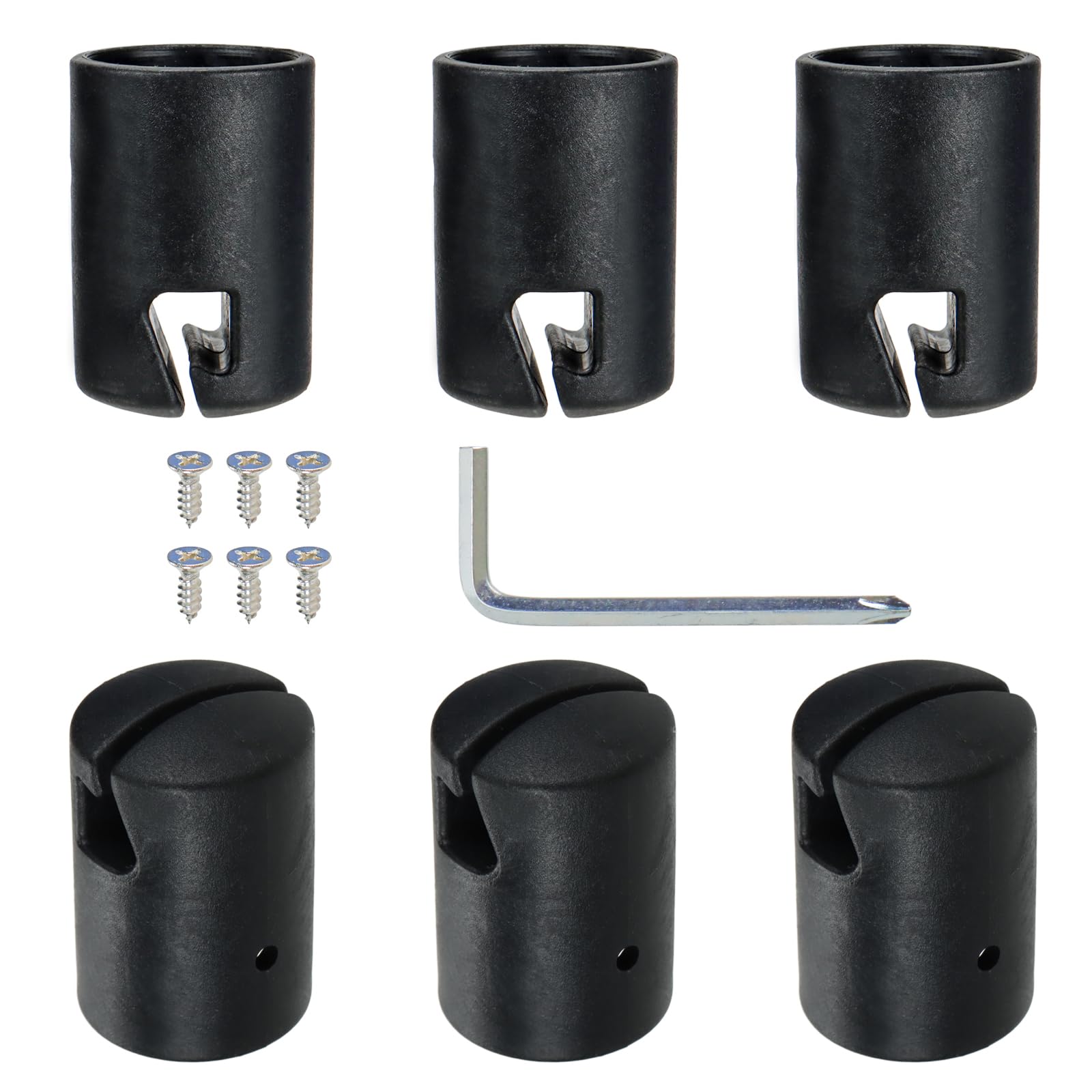DBOO 32mm Trampoline Enclosure Pole Caps 6 Pack - Protective Black Replacement Caps with Groove Design & Screws for Safety Net Hanging, Fits Flat Steel Sheet Poles
