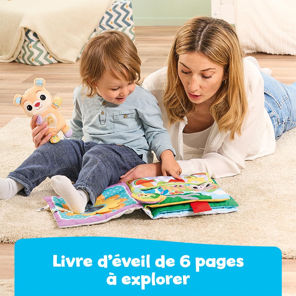 VTech - Grand Livre Toudoux des Découvertes, Livre en Tissu Bébé avec Petit Ours en Peluche Musical et Interactif, Jouet d'Éveil Sensoriel, Cadeau Bébé Dès 3 Mois - Contenu en Français