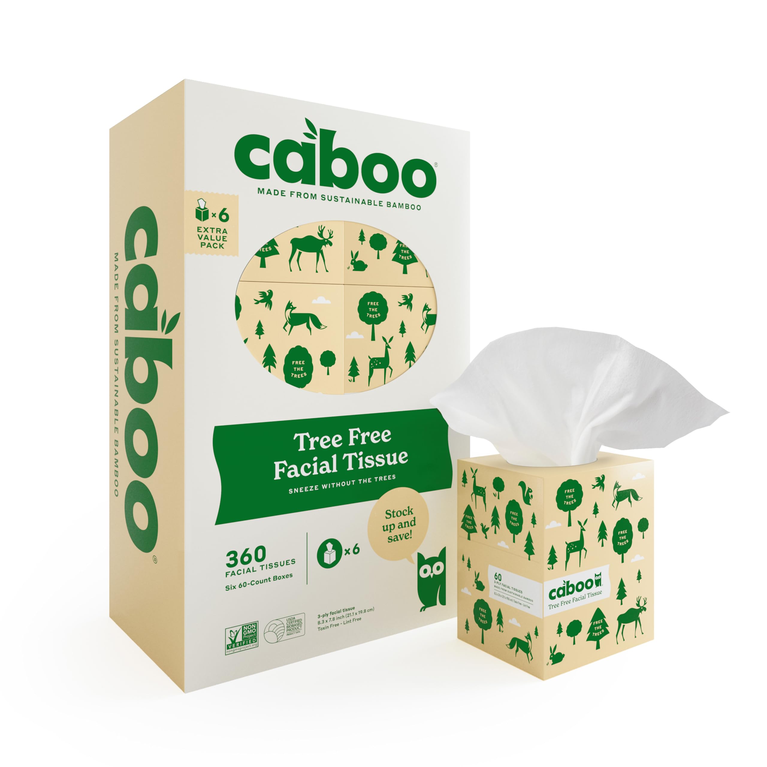 Caboo Tree Free Bamboo Facial Tissue Paper, Eco Friendly Hypoallergenic Tissue Box with 60 Sheets Per Cube, Total of 6 Cubes, 360 Total Tissues