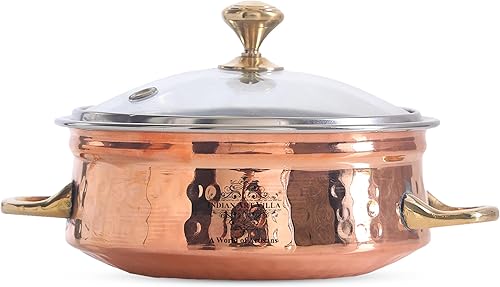 IndianArtVilla - Cuenco de acero y cobre con mango de latón y tapa de vidrio, sirve platos indios, 10 onzas