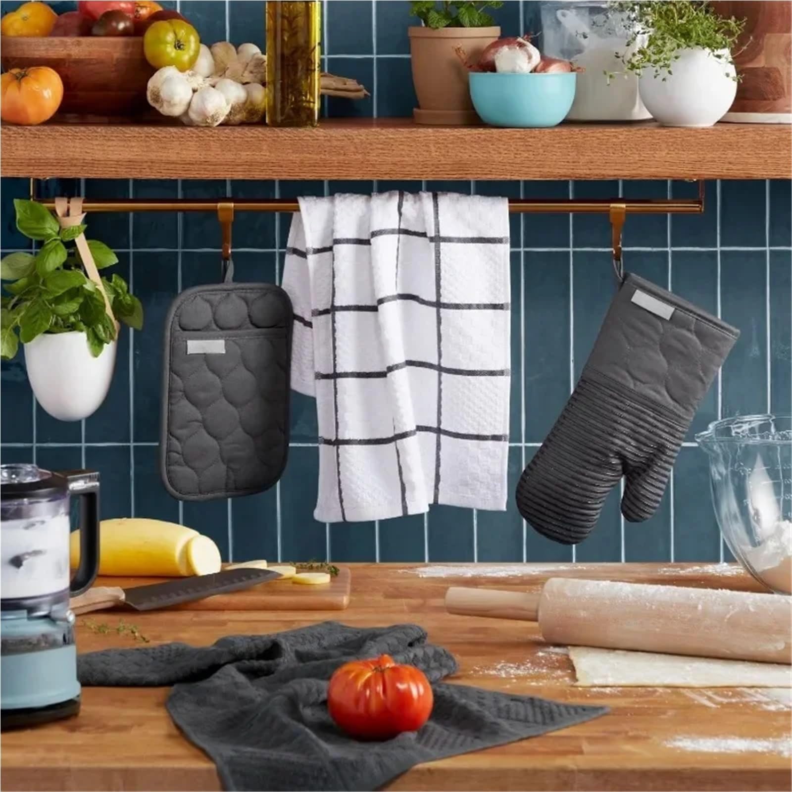 Gants De Four Gant de four matelassé en coton éponge, manique résistant à la chaleur, 16"x26", 7"x13" et 7"x10", gris Pour La Cuisson