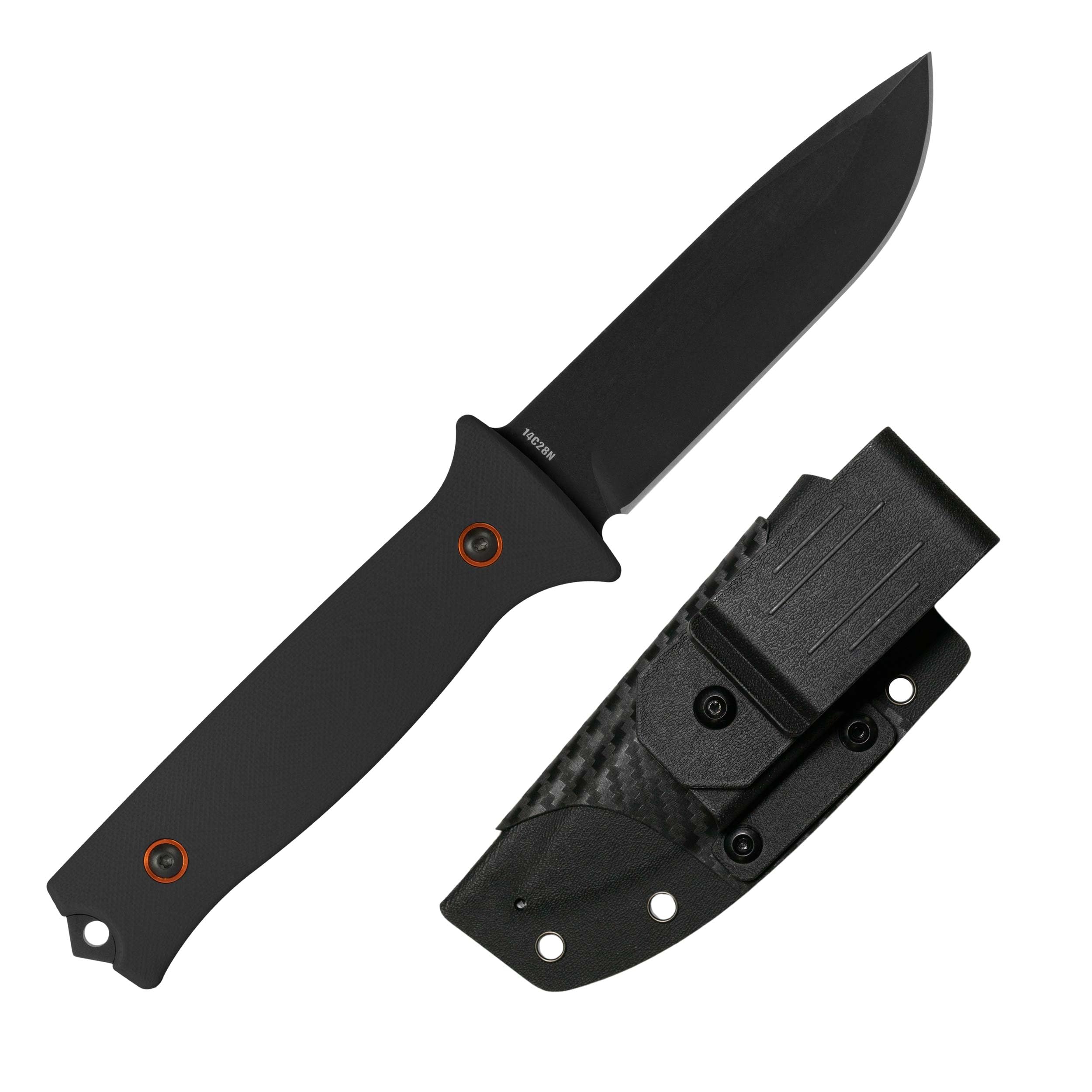 704 Gear Baron Fixed Blade Knife | 4.5 inch 14C28N Steel Full Tang Blade, Textured G10 Handle, and Kydex Sheath with Carrying Clip | Black