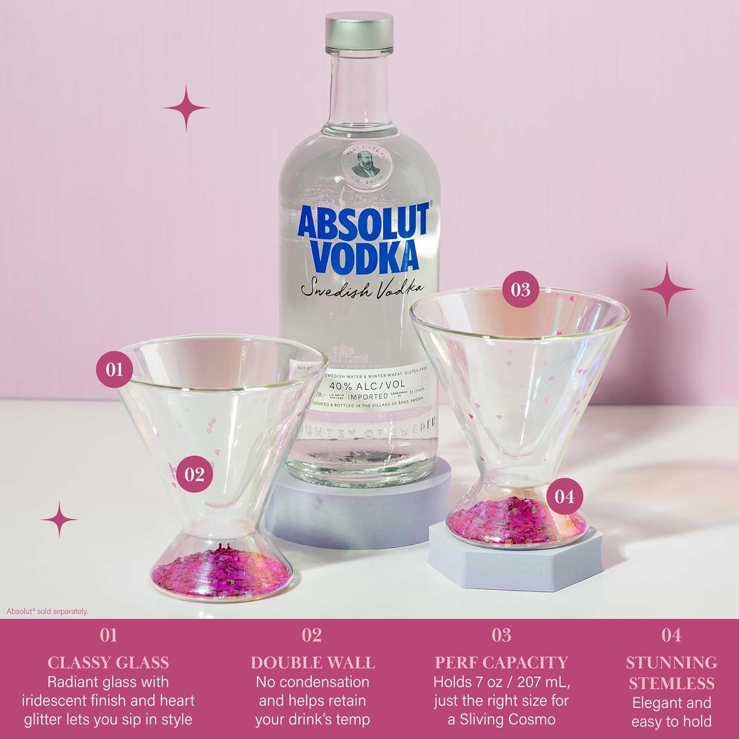 Paris Hilton 2-Piece Martini Glass Set, Double Wall Glass Design, Great for Martinis, Cocktails, Cosmopolitans, Margaritas, 207mL, 7-Ounce, Iridescent with Glitter Hearts - Image 3