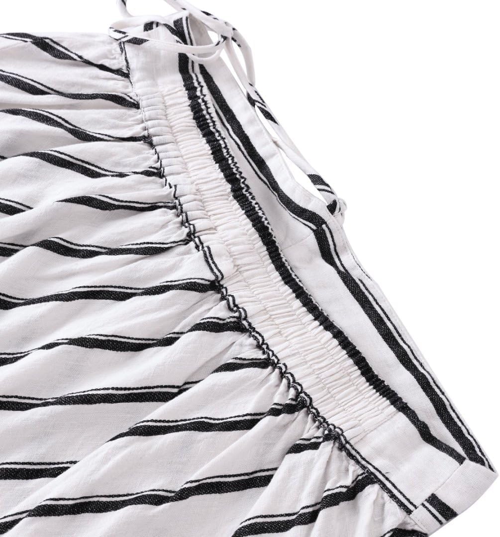 Amazhiyu Women's 100% Linen Stripes A-Line Flowy Halter Mini Dress with Scrunchie - Image 3