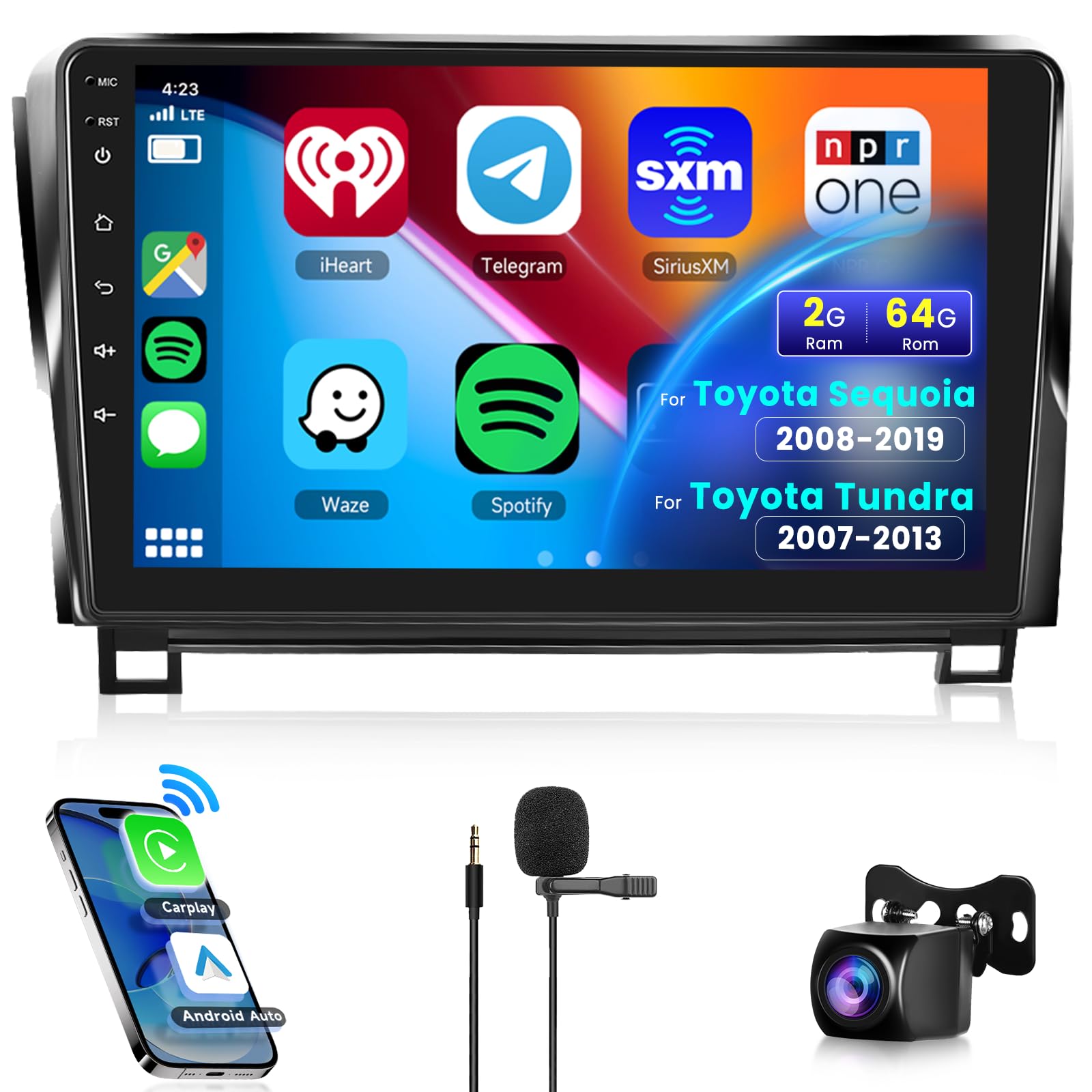 2G+64G Android Car Stereo for Toyota Sequoia 2008-2019/for Toyota Tundra 2007-2013 with Wireless Carplay Android Auto, 10.1 Inch Touch Screen Car