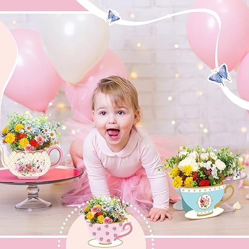 Miniatura 6 de Yinder 6 piezas de decoración para fiesta de té, cajas de flores para fiesta de princesa, pieza central de tetera floral para fiesta temática de té,