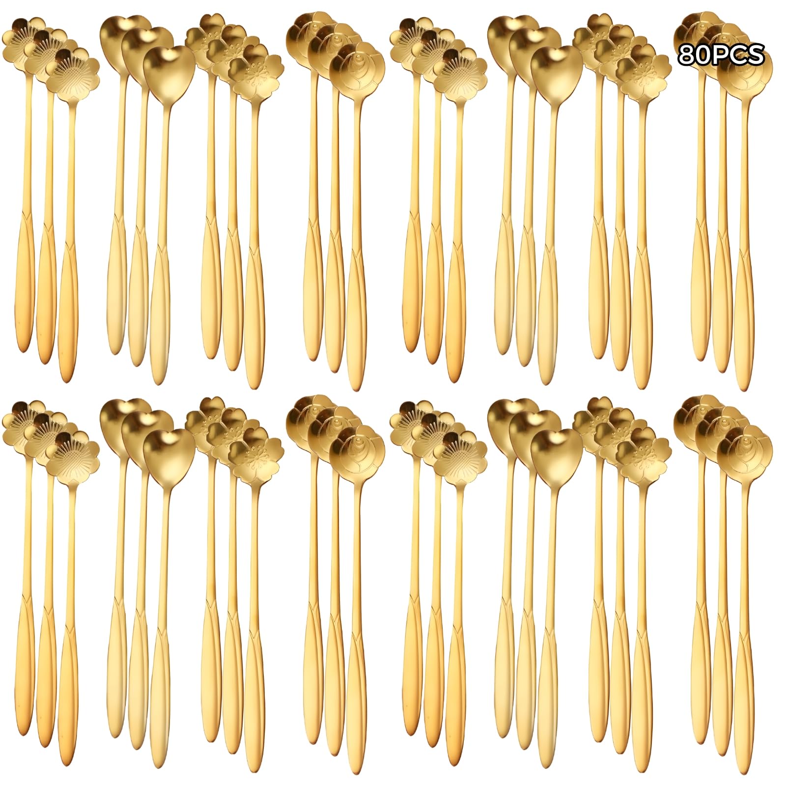 Lot de 80 cuillères à café en acier inoxydable plaqué or avec motif fleur de cerisier, quatre formes distinctes de tête de cuillère, manche court, parfait pour les desserts, le thé et les