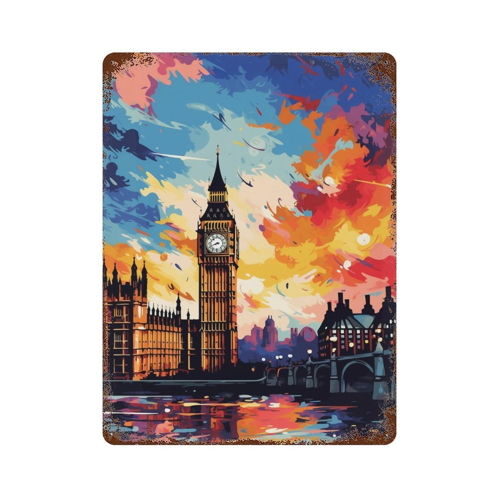 London Skyline with Big Ben -2 15.7"x11.8" Distressed Metal Wall Sign, Retro Wall Decor for Garage, Bar And Workshop Decor