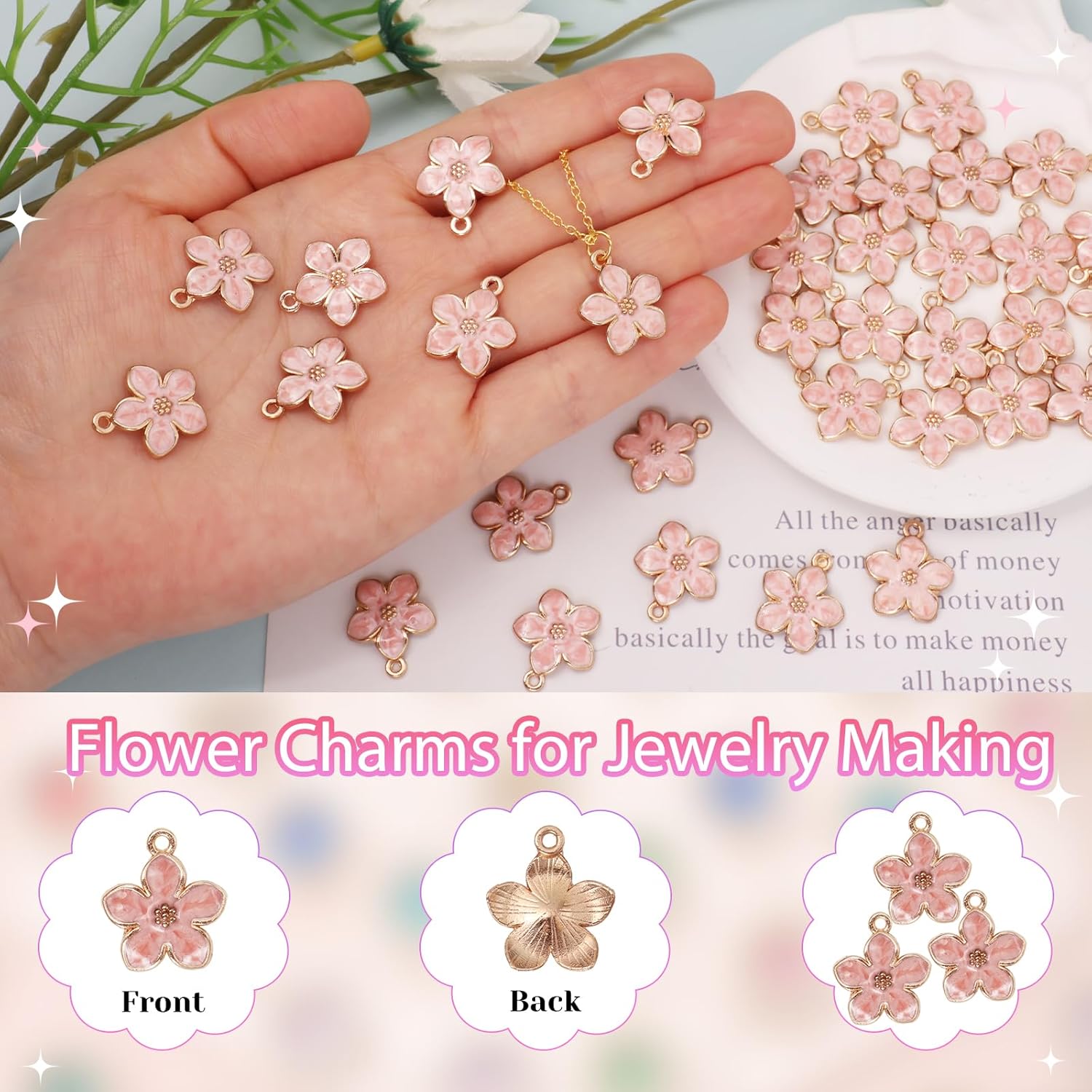 40 Pcs Cherry Blossom Flower Charms for Jewelry Making, Gold Plated Enamel Flower Charms, Cute Flowers Pendants for Bracelets Necklaces Earrings Purse Keychains DIY Crafts(Pink) - Image 3