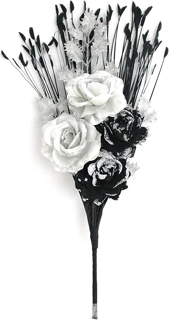 SIMPLY GIFTS 60CM, HANDMADE ARTIFICIAL SILK, BLACK SILVER GLITTER ROSES, SILVER GLITTER ROSE FLOWER BOUQUET, NO VASE