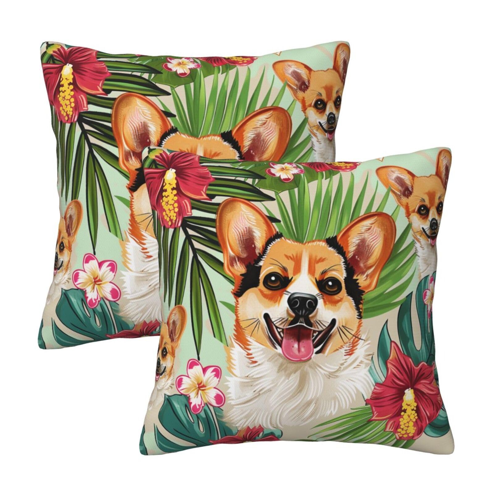 kkvhhyuo tropical flower and corgi Print Pillow Covers Set of 2, Square Decorative Cushion Covers with Hidden Zipper, Throw Pillow Cases for Living Room Sofa Bed Chair, 50x50 cm