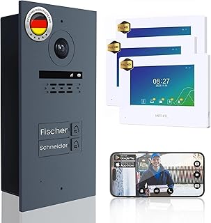 Mathfel 2 Draht Video Fingerprint Türsprechanlage 1-Familienhaus Full HD 1080p mit 2 Jahren Garantie wetterfest - 2-Draht-Bus-Installation - 170° Kamera, 3X 7-Zoll WLAN-Monitor mit Gegensprechanlage