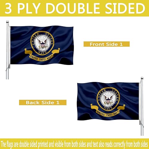 Miniatura 2 de Bandera con emblema de la Marina de los Estados Unidos de doble cara 3 x 5 para exteriores, banderas militares navales resistentes - Bandera de la