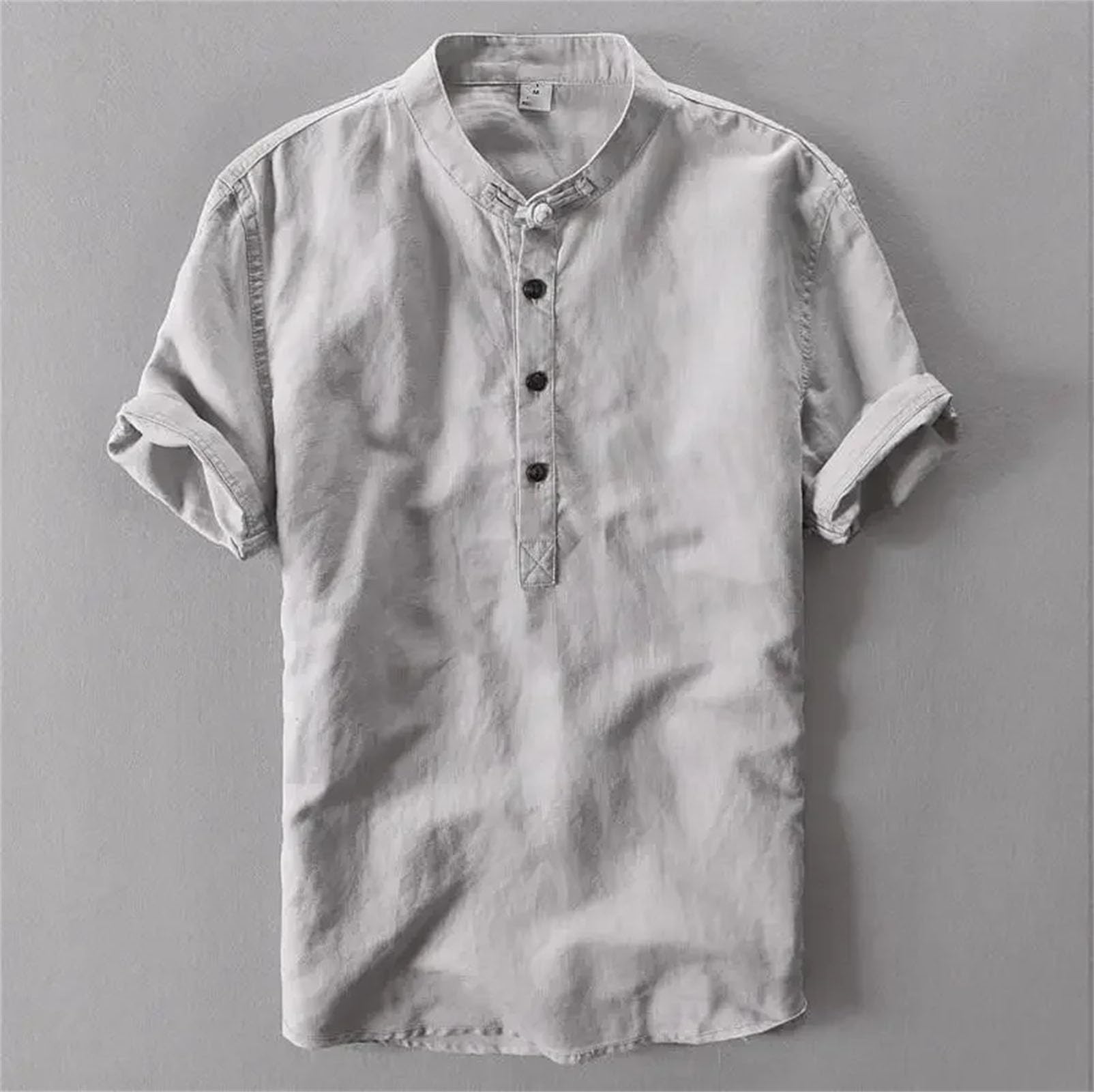 Camiseta de manga corta para hombre, cuello mandarín, algodón, lino, ajuste delgado, transpirable, informal, para uso diario