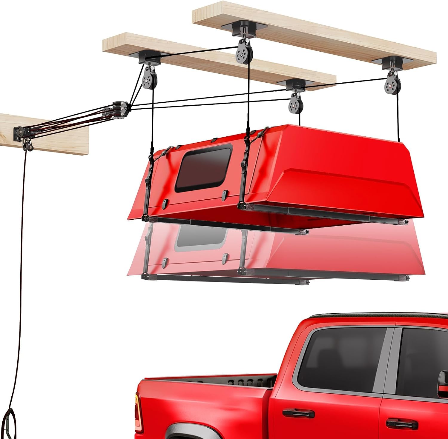 Truck Cap Hoist System for Garage Ceiling, Smart 4-Point Self-Leveling Garage Hoist with 8:1 Pulley Lift System, Easy One-Person Overhead Garage Storage Lift for Truck Topper Rack, 250 lb
