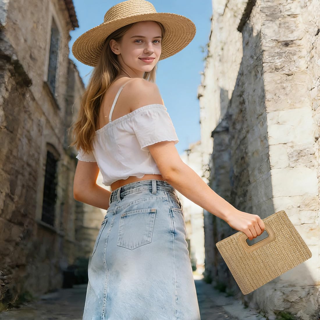 Beach Clutch Bag Straw Summer Clutch Purses for Women Handmade Woven Purse Detachable Gold Chain, Crossbody - 4