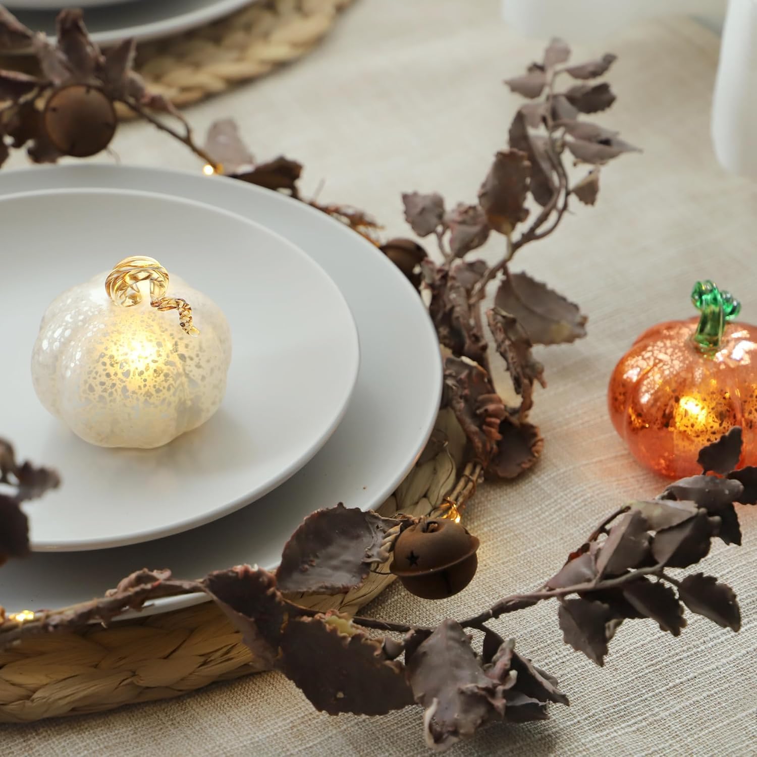 Light Up Glass Pumpkins (Set of 3) - Silver Frosted Crackle LED Pumpkin Decor with Warm White Lights, Battery Operated Fall Centerpiece for Table, Halloween, Thanksgiving & Christmas Decorations