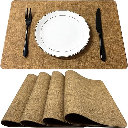 WAZAIGUR Juego de 4 manteles individuales impermeables y fáciles de limpiar, resistentes al calor, de piel sintética gruesa, lavables, color marrón