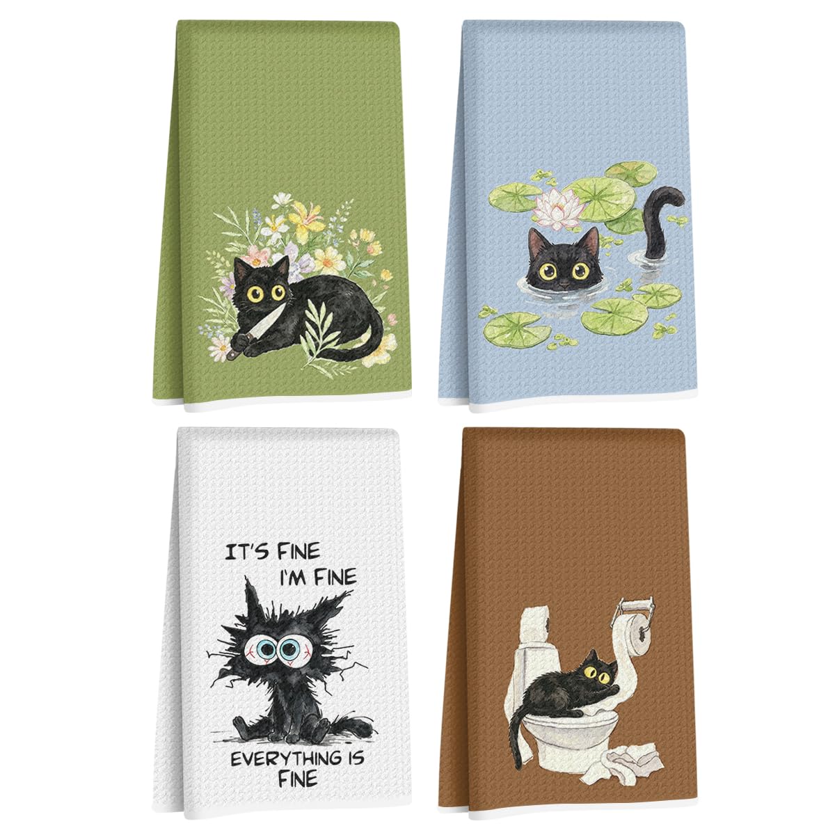 4 Pcs Funny Black Cat Kitchen Towels, Cute Cats Gifts Reusable Dish Towels