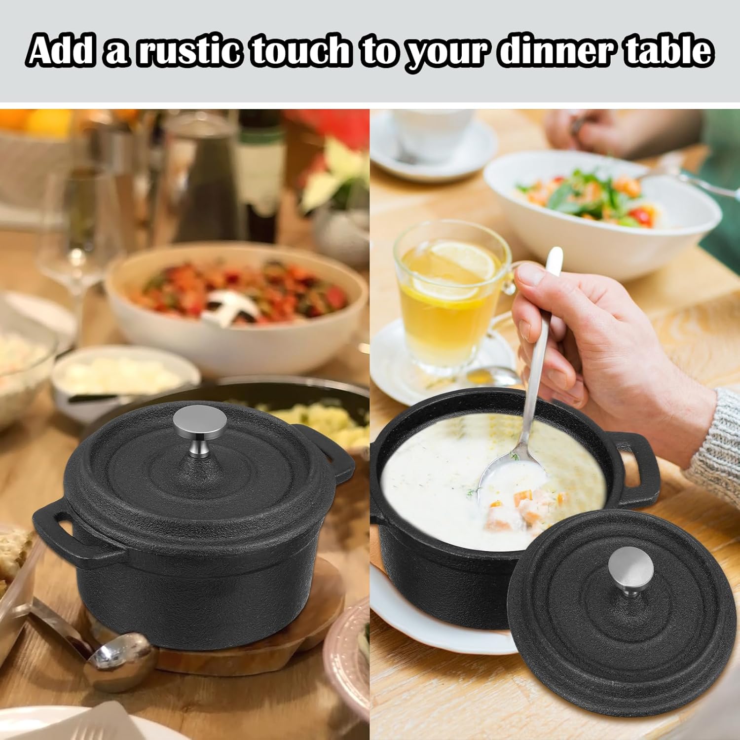 4 Pcs Mini Dutch Oven Small Round Iron Cocotte Black Dutch Oven Pot with Lid and Dual Handles Cast Iron Pot for Stovetop Use Marinate Cook Bake Refrigerate Garlic, Individual Servings(17 oz)