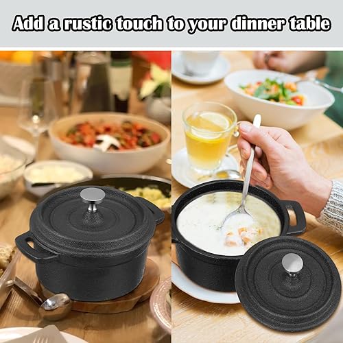 Miniatura 10 de 4 piezas de mini horno holandés pequeño redondo de hierro cocotte negro olla holandesa con tapa y doble asa olla de hierro fundido para uso en