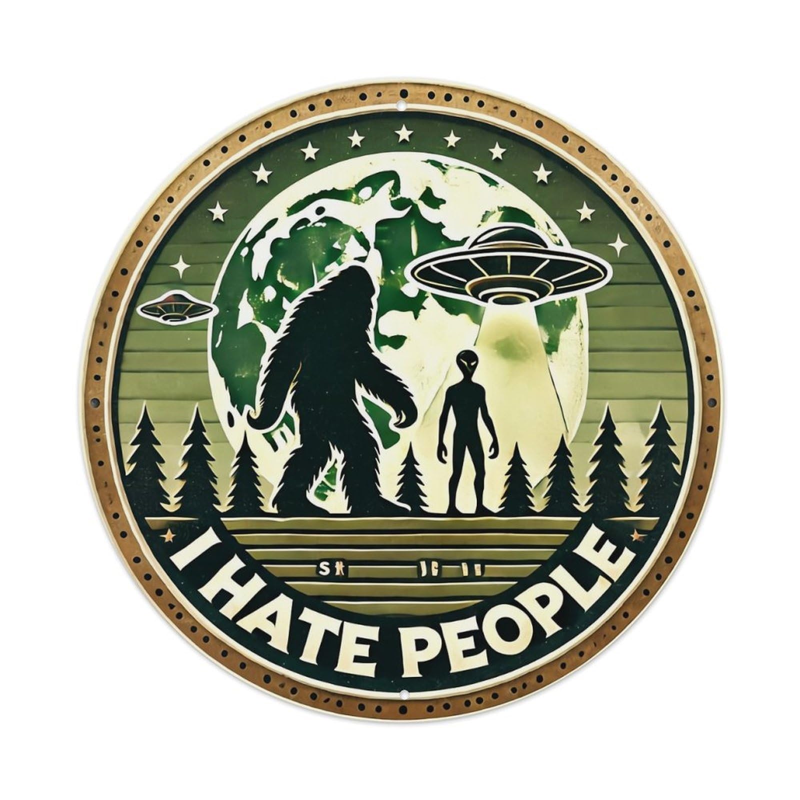 Bigfoot Alien Ufo Earth Forest Retro Metal Sign Round Tin Sign, Vintage Decor Art Poster for Bar, Home, Man Cave, Kitchen, Laundry Room Gift 8x8Inch