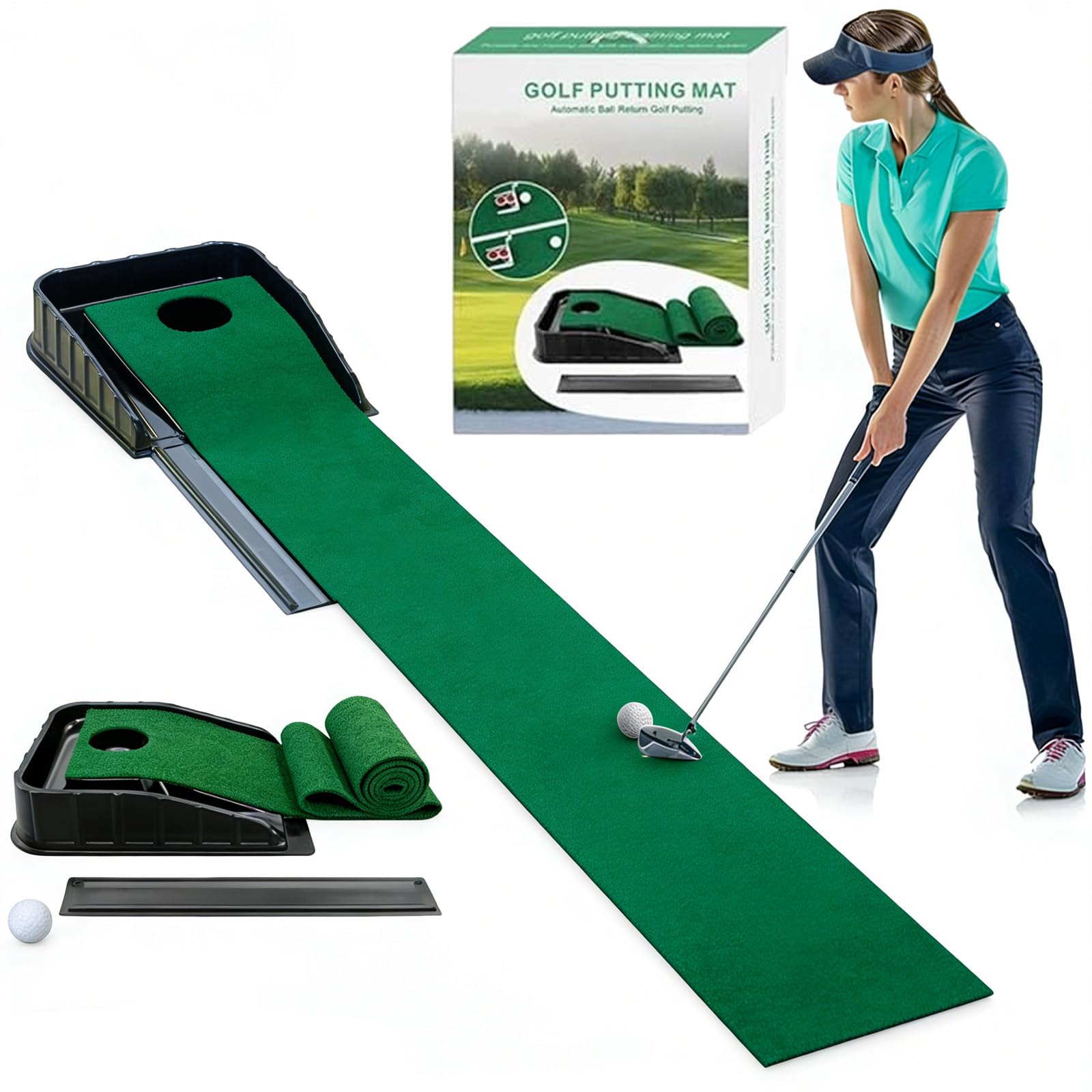 Tappetino da golf con ritorno automatico della palla, 221 cm, portatile, per allenamento di golf, per casa, ufficio, giardino