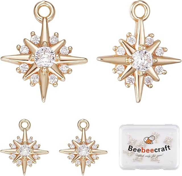 Beebeecraft 14Pcs Star Charms 14K Gold Plated Micro Pave Cubic Zirconia Charms North Star Pendant Charms for DIY Necklace Earrings Wedding Anniversary Summer Party Jewellery Making