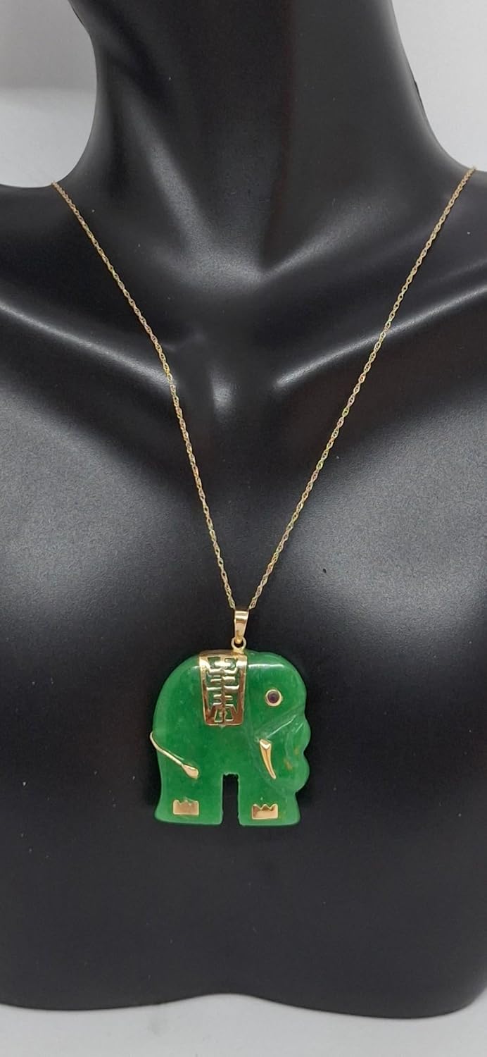 GREEN Jade Elephant Ruby Eye 14K Yellow Gold Pendant. 18" Rope Chain 14K Yellow Gold Green Jade Elephant Necklace. Lucky Green Jade Elephant LOVER.