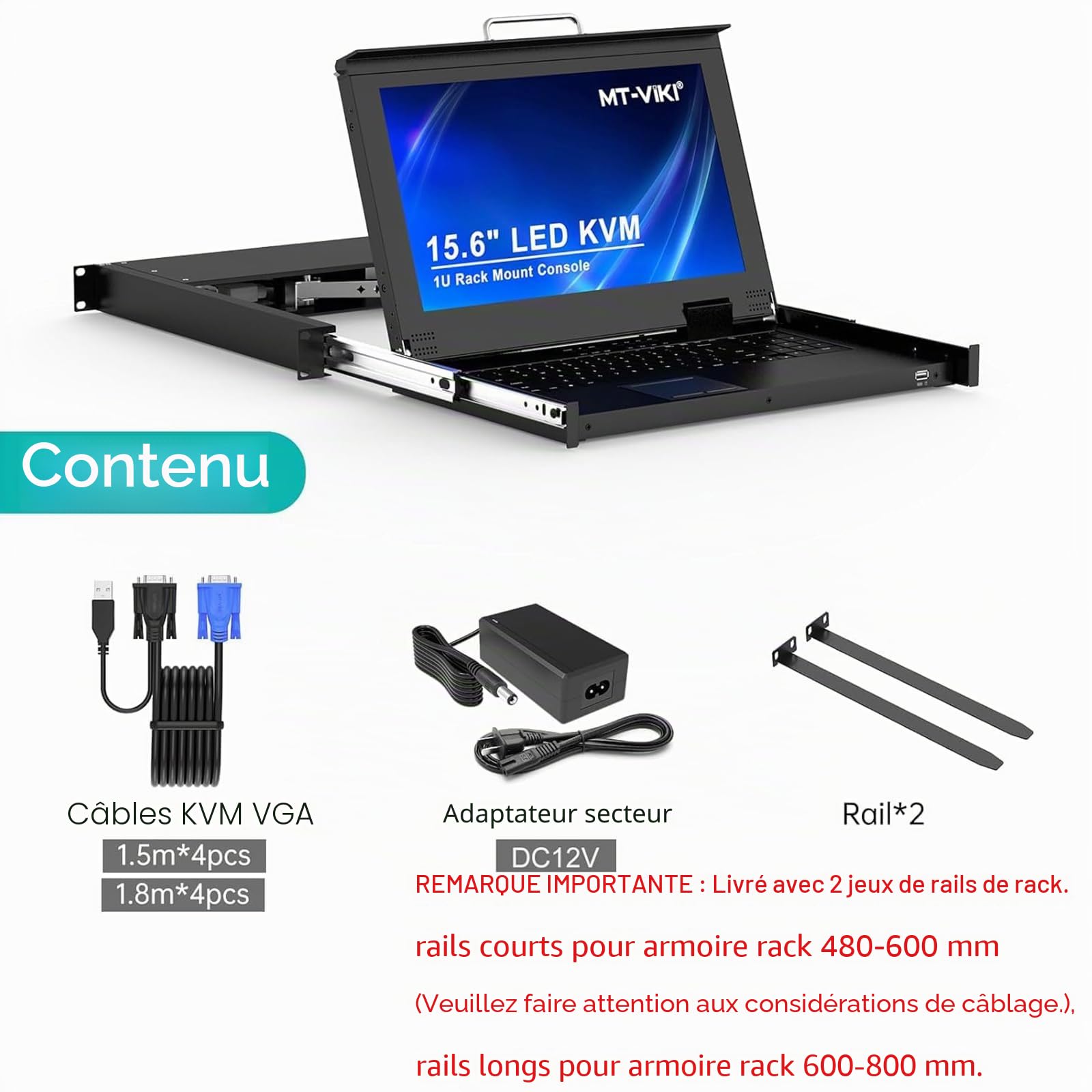 MT-VIKI® Console KVM à Montage en Rack, Commutateur VGA 8 Ports Avec Écran LCD 15,6 Po, 1080p, Pavé Tactile Intégré, Clavier, Tiroir et 8 Câbles
