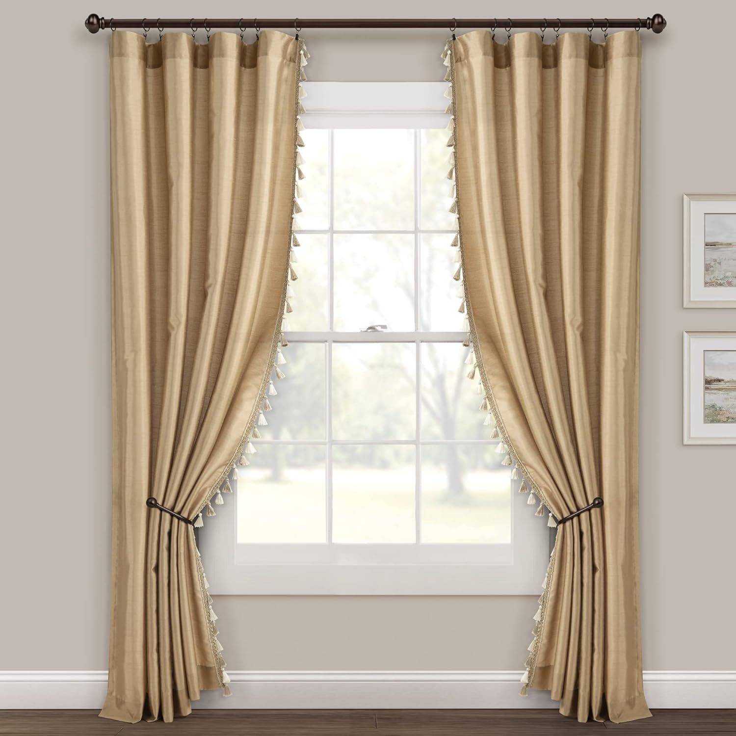 Lush Decor Luxury Regency Faux Silk Two Tone Tassel Window Curtain Panel Pair, 84" L x 52" W, Taupe