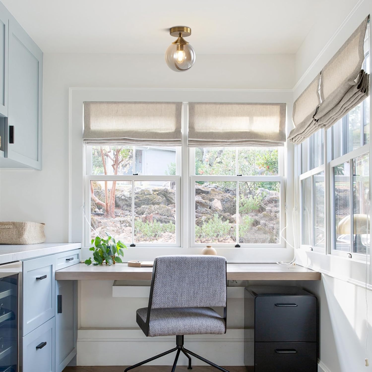 KCO Lighting Mid Century Modern Semi Flush Mount Ceiling Light Fixture Small Smoked Glass Globe Flush Mount Ceiling Light Brushed Gold Ceiling Lighting Fixture for Hallway Entryway Bedroom